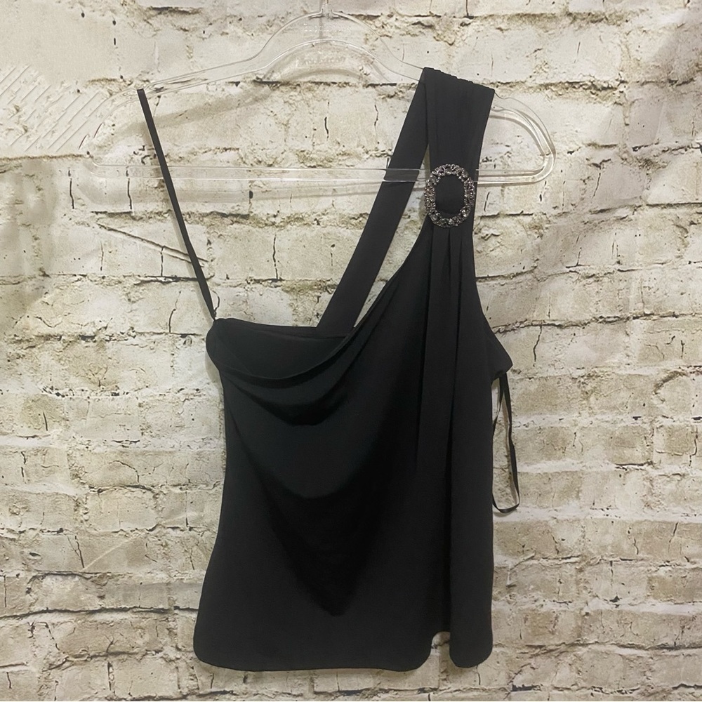 Tahari Black Studded Broche One Shoulder Cocktail Top